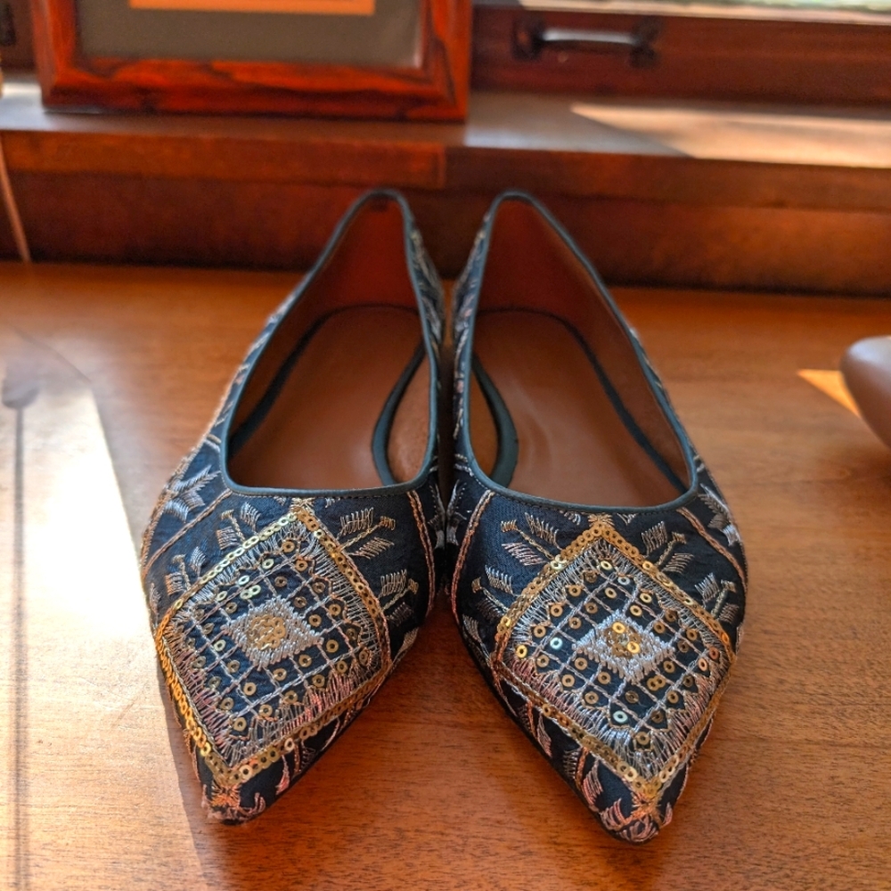 SUNDANCE Amalia Embroidered Flats - forest green pointed toe flats - Size 40